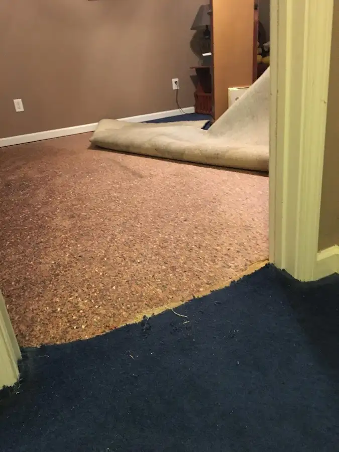 Carpet pad removal revealing water damage during Drying & Dehumidification in Montville